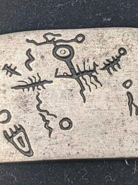 ALICE SEELY Brooch Signed 2000 Urban Tribal Ethnic Petroglyph Pewter Pin 1.5"
